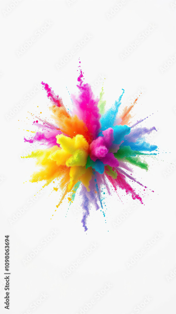 Obraz premium Close-up of multicoloured powders bursting into the air from an invisible source on a pure white surface creating a kaleidoscopic effect , coloured particles, cloud of colour., splattered powders