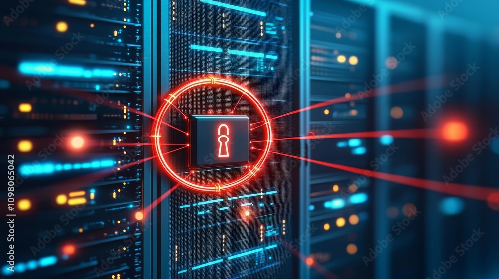 Obraz premium Hacker Cybersecurity Black Hat Secure data storage with digital lock highlighted in server room.