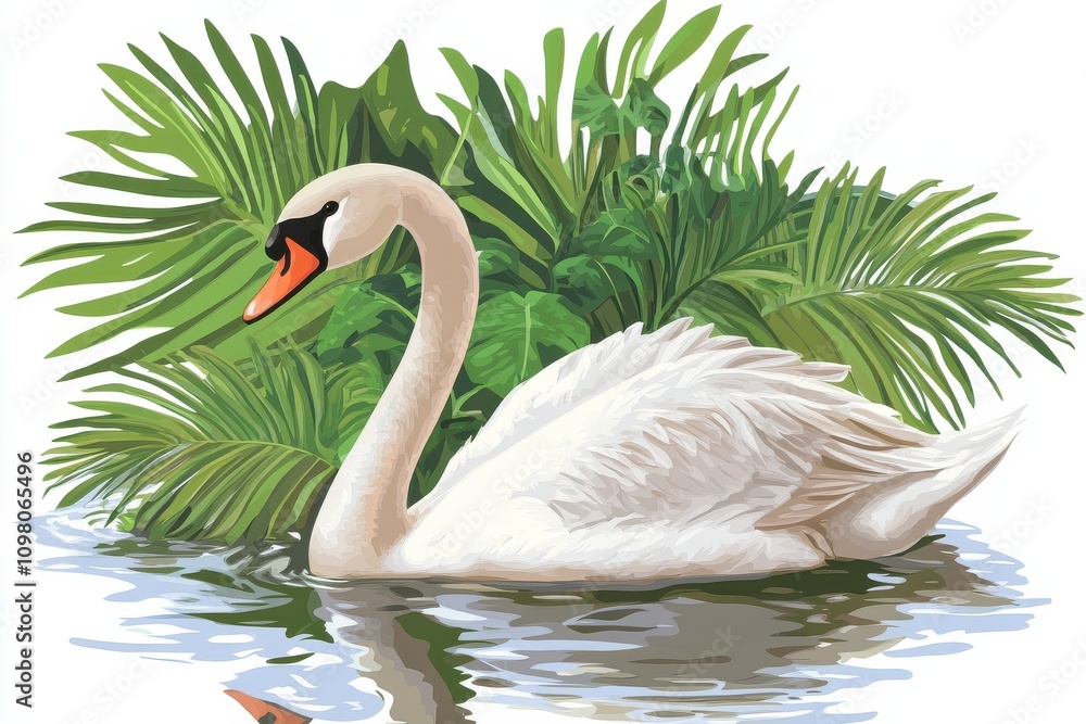 Obraz premium Graceful Swan and Lush Greenery in Serene Water Reflection Scene
