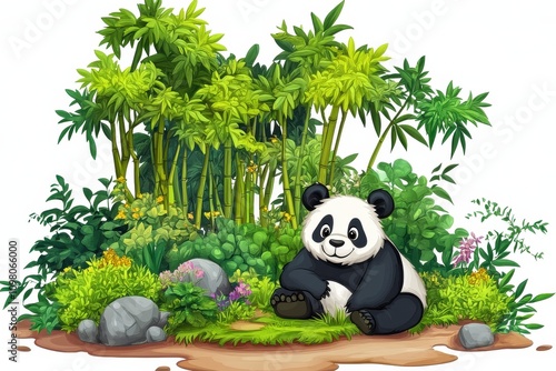 Cute Panda Resting in Bamboo Forest Full of Lush Greenery with Rocks and Flowers photo