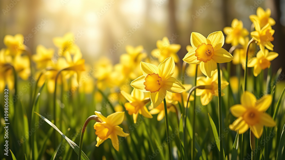 Fototapeta premium Daffodils swaying in the wind as sunlight filters through, floral scene., daffodils, sun filter, landscape photography, sunny day
