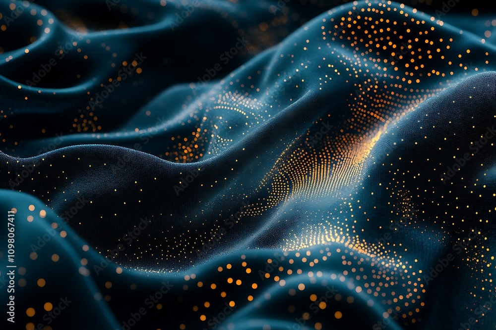 A close-up of flowing fabric with a dark background and scattered golden dots. A close-up of flowing fabric with a dark background and scattered golden dots.