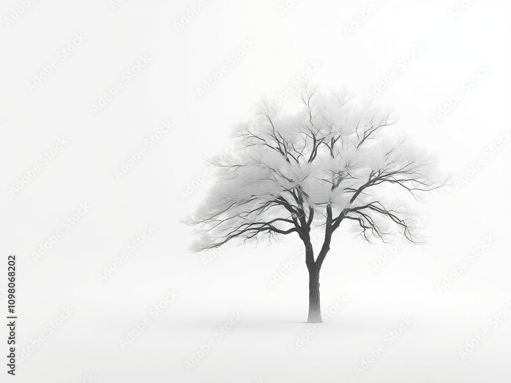 Obraz premium Ethereal mist surrounds a lone tree on a serene abstract white background, nature, , serene landscape, isolation, whiteness