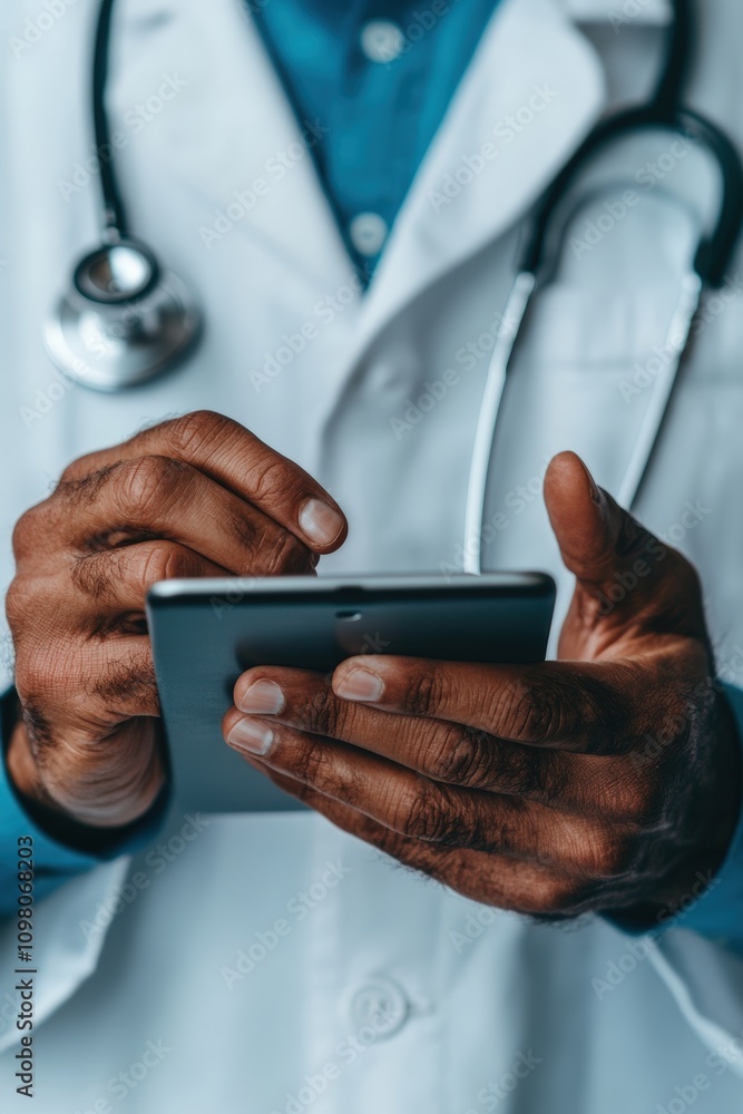 Doctor using smartphone for patient management in a clinical setting Doctor using smartphone for patient management in a clinical setting