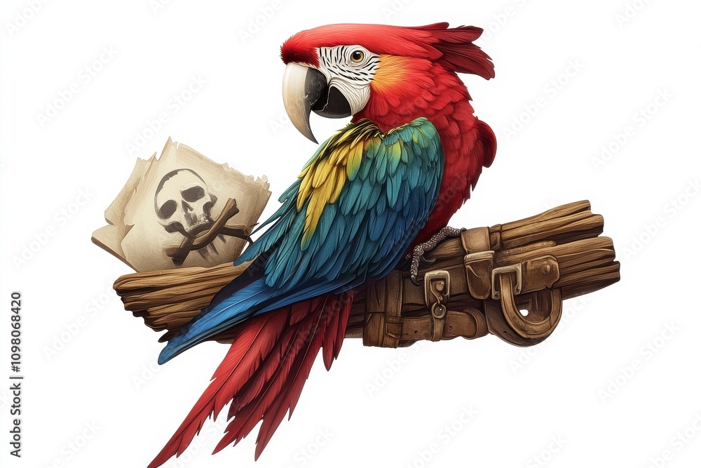Obraz premium Colorful Parrot Perched on a Wooden Branch with Pirate Flags and Symbols