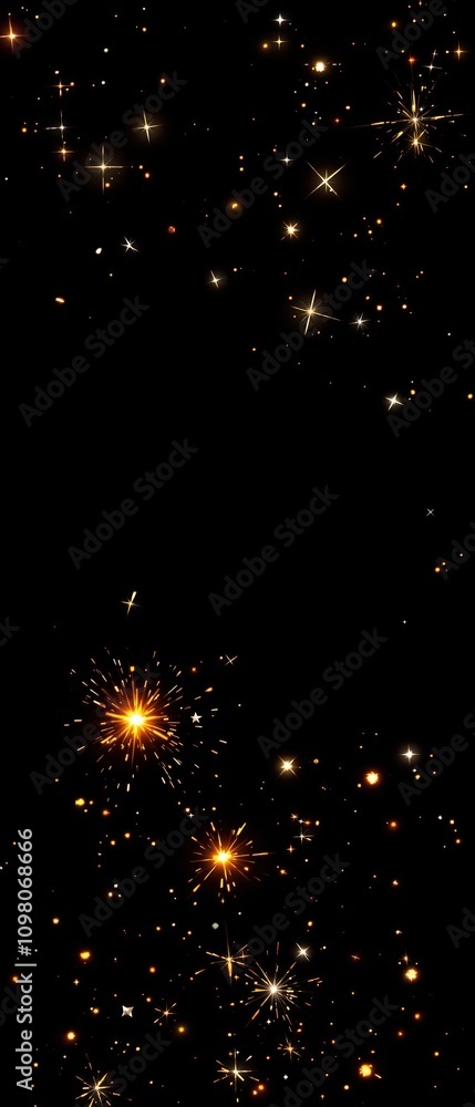 Obraz premium Fire sparks suspended in mid-air with varying sizes and shapes on a black surface, scorching shards, varying size sparks, pyrolysis fragments, thermal fragments, hot sparks.
