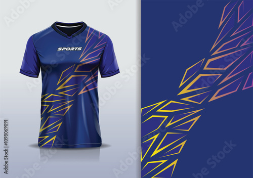 Sport jersey design template mockup broken glass abstract for football soccer, running, esports, aurora blue yellow color 