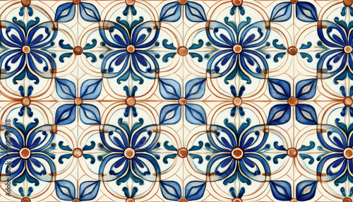 Ornate tile pattern with blue and brown floral and leaf motifs, featuring symmetrical and intricate designs, showcasing the beauty of traditional craftsmanship Generative AI