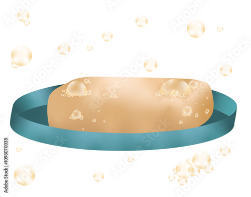A Bar of Soap in a Soap Dish with Bubbles Floating