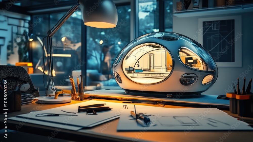 Fototapeta premium A workspace lit by a desk lamp, showcasing a futuristic pod house model with precise drafting tools nearby