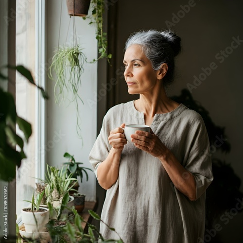 A serene older woman with gray hair, holds a teacup, gazing thoughtfully out a sunlit window, surrounded by houseplants. Calm, peaceful atmosphere