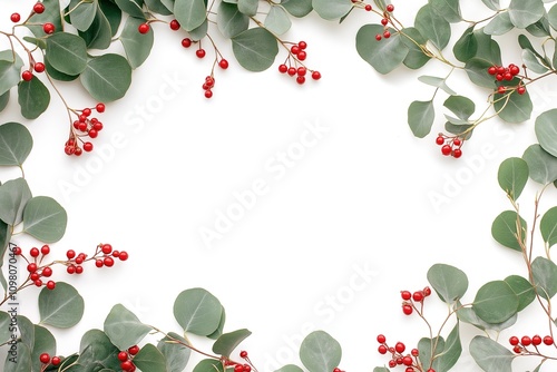 Modern Christmas Background with Eucalyptus and Holly Berry Border for Banners and Greeting Cards