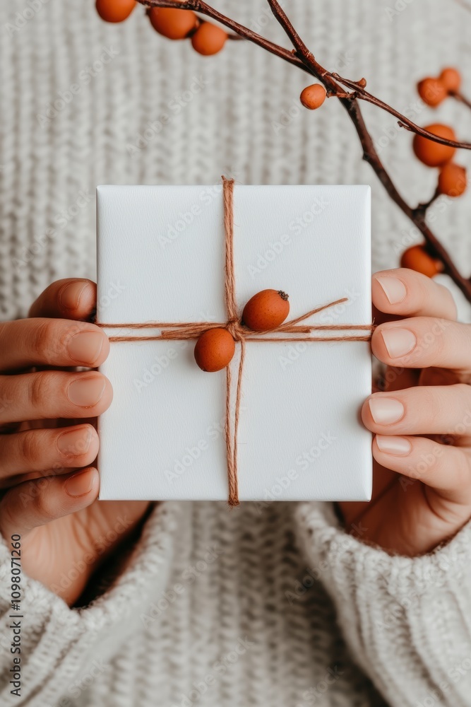 Obraz premium Gift box wrapped in brown twine with decorative berries in cozy sweater environment