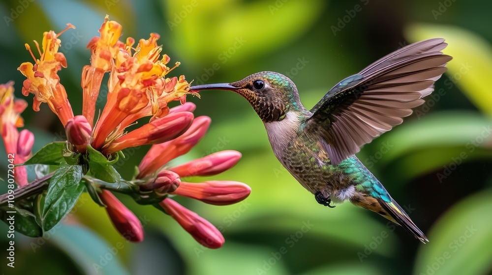 Fototapeta premium Vibrant Hummingbird Feeding on Colorful Flower in Nature Scene