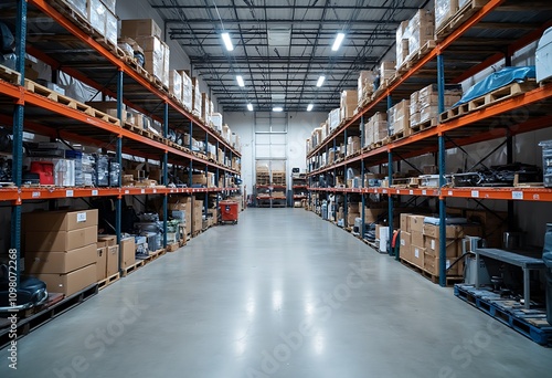 Clean and well-organized warehouse with neatly arranged product boxes on shelf photo