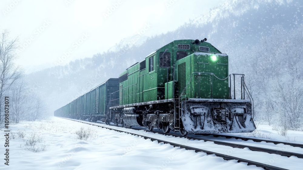 Obraz premium Green train in snowy mountains.