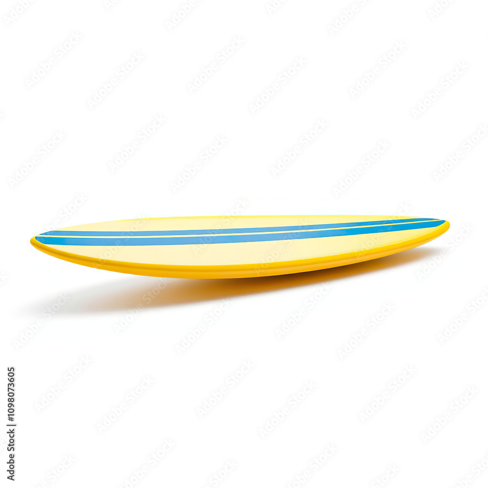 Modern yellow surfboard with blue stripes on plain white background, travel, trendy, coastline Modern yellow surfboard with blue stripes on plain white background, travel, trendy, coastline