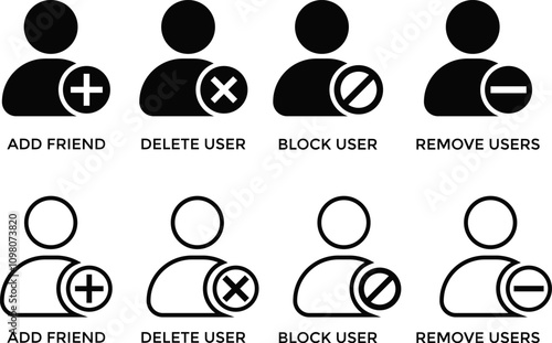 user icon set. add friend sign. remove user delete user, block user icon
