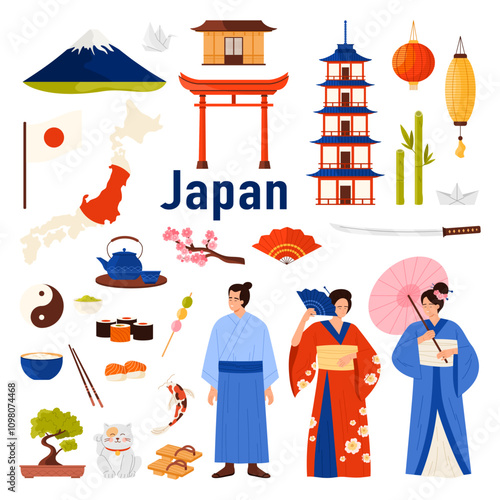 Travel to Japan set of culture elements. Japanese woman and man in traditional costumes, ancient shrines and Mount Fuji, samurai sword and geisha fan, map and flag of Japan cartoon vector illustration