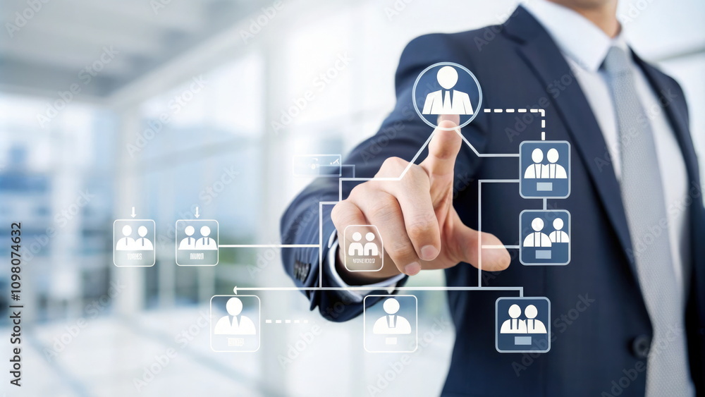 Man pointing to glowing digital organizational hierarchy in a corporate setting