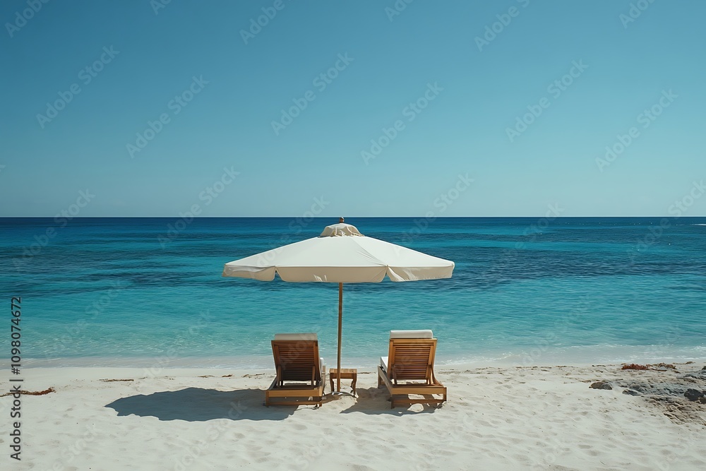 Fototapeta premium Beach Umbrella, Tranquil Coastal Escape Perfect Day