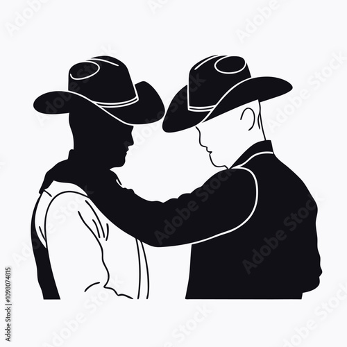 a black silhouette of two men wearing cowboy hats.