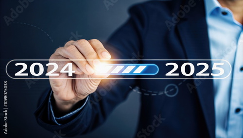 Hand interacting with futuristic progress bar symbolizing transition from 2024 to 2025