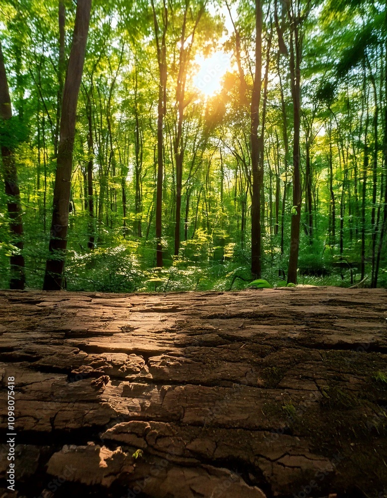 Obraz premium Sunlight streaming through lush green forest trees, with a textured fallen log in the foreground, evoking tranquility and nature.