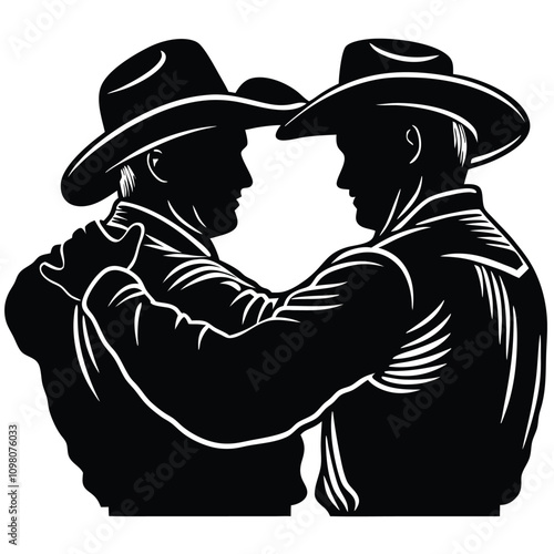 a black silhouette of two men wearing cowboy hats.