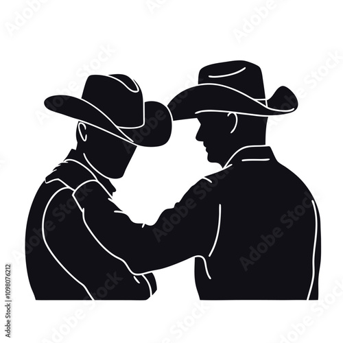 a black silhouette of two men wearing cowboy hats.