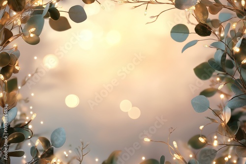 Christmas Background with Golden Fairy Lights, Eucalyptus, and Mistletoe for Banners and Greetings