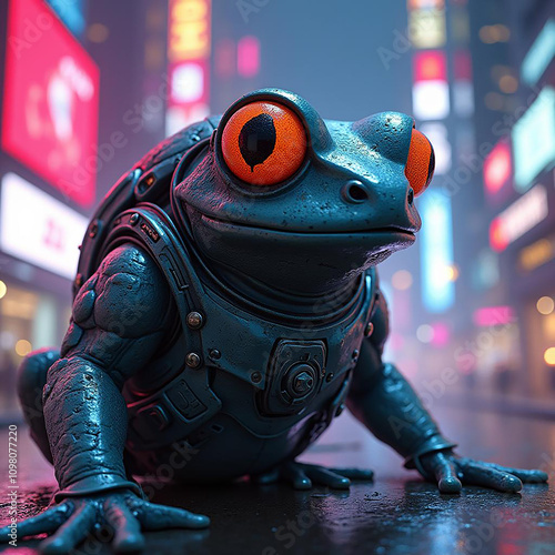 frog wearing armor with fa uturistic, colorful city background photo