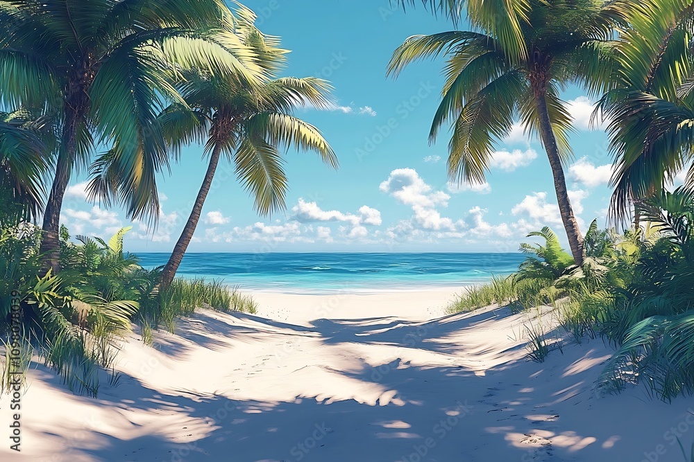 Fototapeta premium Inviting Tropical Beach Path White Sand, Clear Water