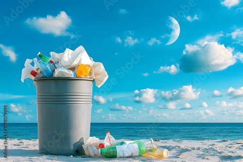 A trash can on the beach is overflowing with garbage, while plastic bottles and paper bags are scattered around it. The sky above features white clouds against an ocean backdrop