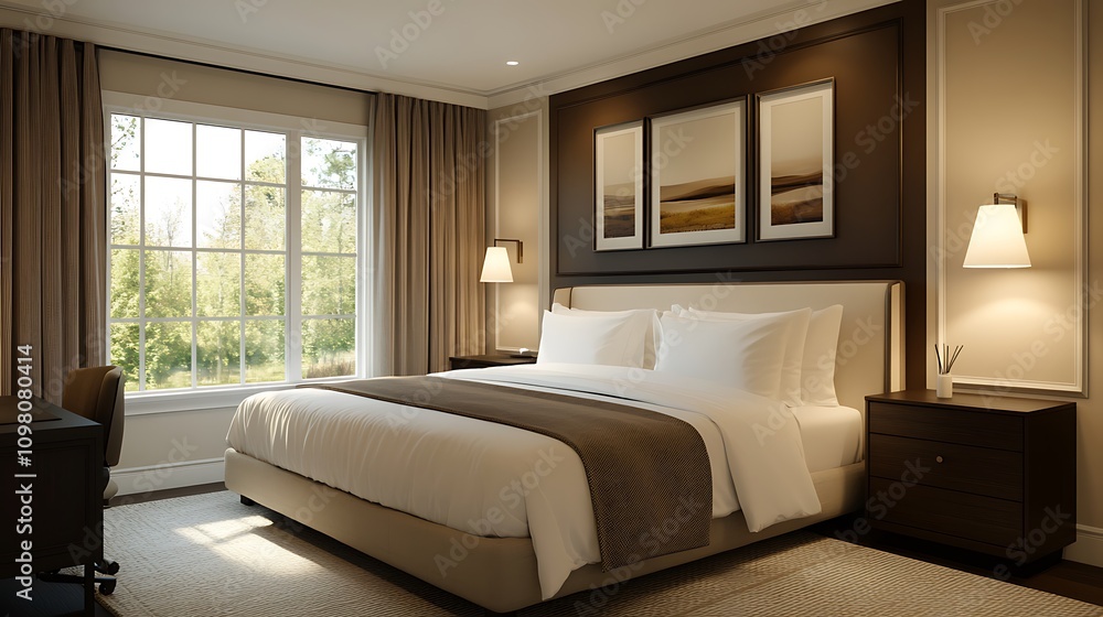 A modern hotel room with white and brown colors A modern hotel room with white and brown colors