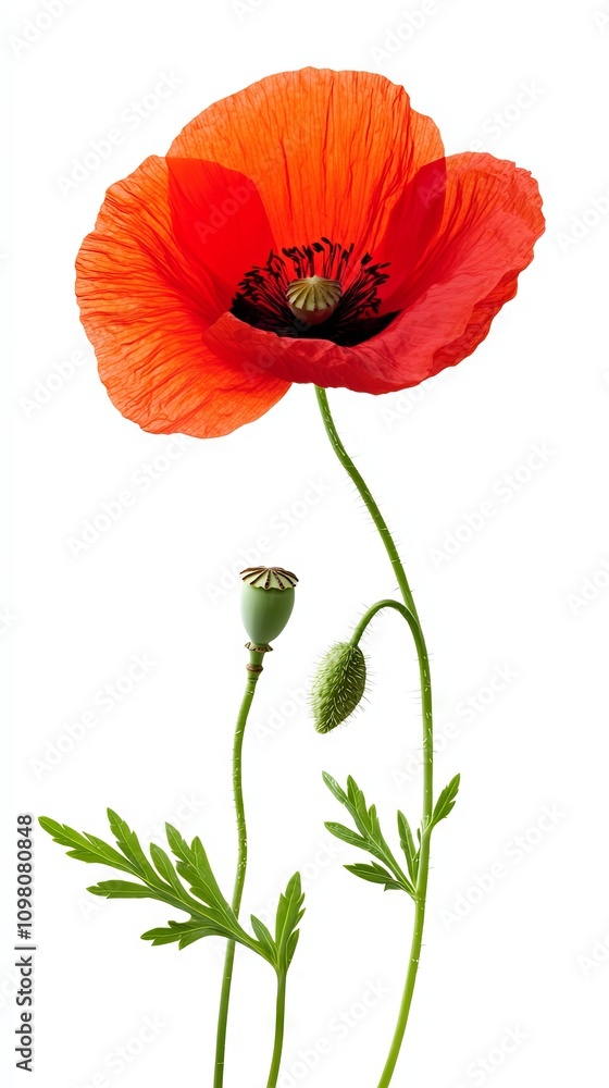 Obraz premium Red Poppy Flower with Bud and Green Leaves on White Background