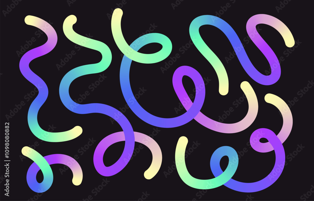 Fototapeta premium Neon Color Gradient squiggle lines. Scribble stripe with wavy elements. Abstract organic dynamic colorful Shapes on dark background.