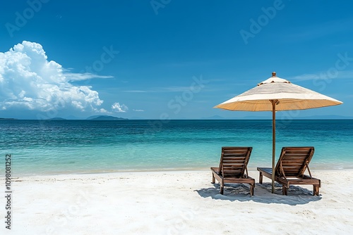 Peaceful Beachfront Escape Wooden Lounge Chairs & Sunny Sky