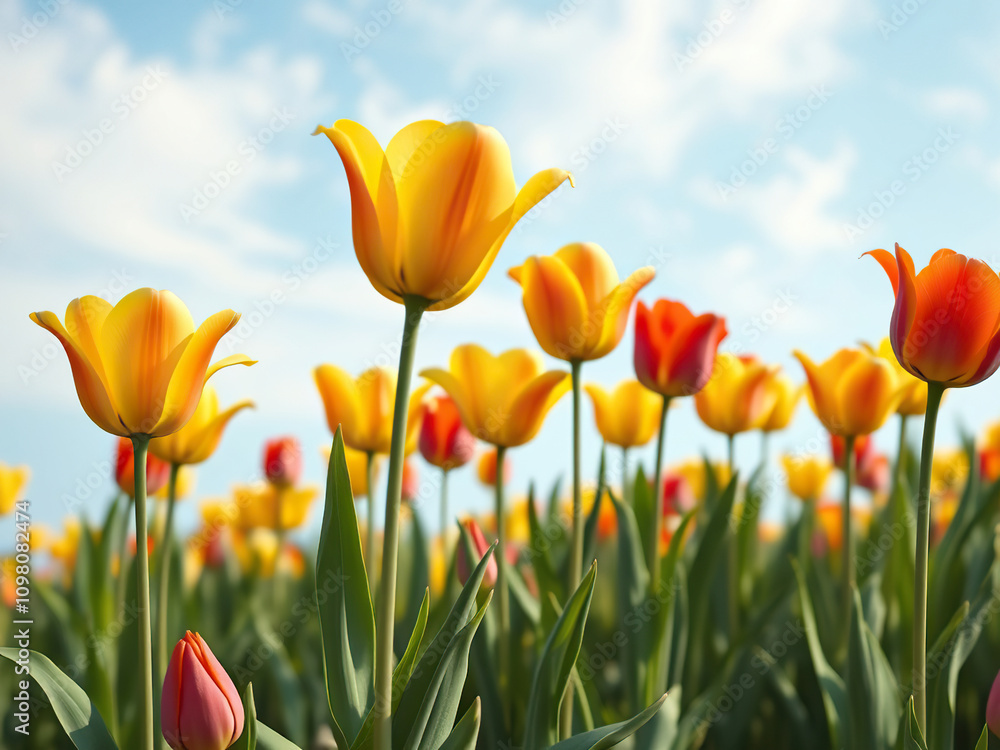 Obraz premium Vibrant yellow and red tulips blooming in tulip field, floral, flowers, garden