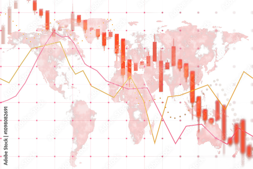 Obraz premium Financial graph with red candlesticks and trend lines overlaid on a world map, on white background, illustrating market decline concept. 3D Rendering.