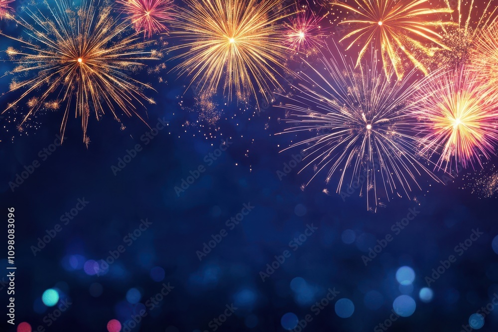 Fototapeta premium Festive pyrotechnics brighten nighttime horizon near black friday sales sign on simple backdrop