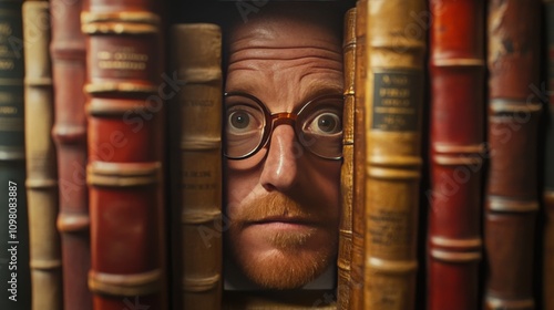 A man with round glasses peers through a gap between vintage books on a shelf. The rich, warm tones of the old books frame his curious and intense gaze, creating an intriguing and intellectual mood