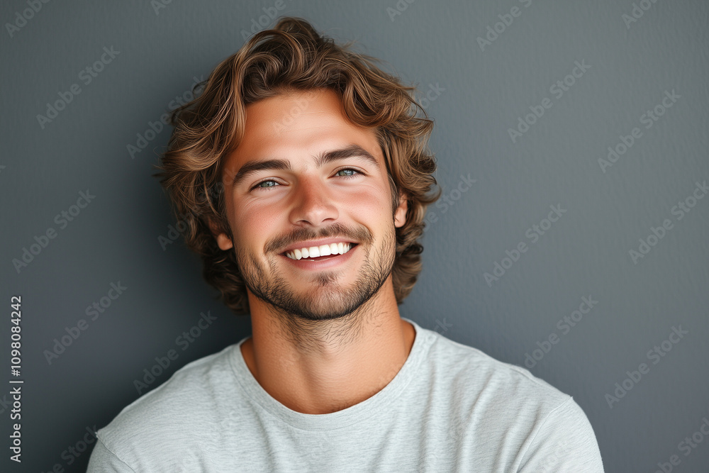 Fototapeta premium Young Male Smiling Brightly in Front of a Solid Background