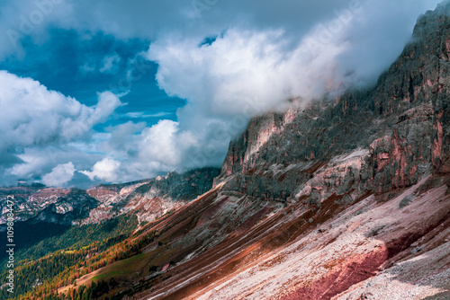 Panoramic view of the Rosengarten group, mountains in the Dolomites in Italy.