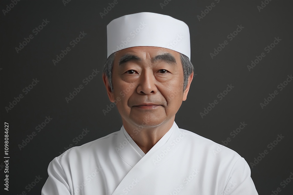 Skilled sushi chef in traditional attire prepares for dinner service Skilled sushi chef in traditional attire prepares for dinner service