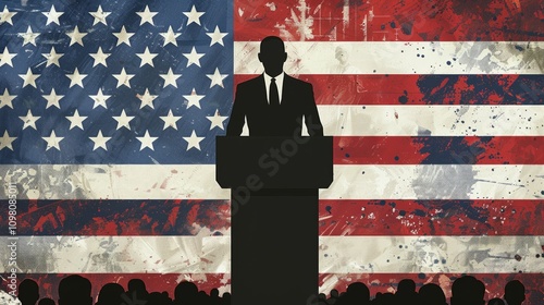 A young African American male politician deputy stands on a podium stage in front of a microphone and speaks to the public against the backdrop of the American flag. American election campaign