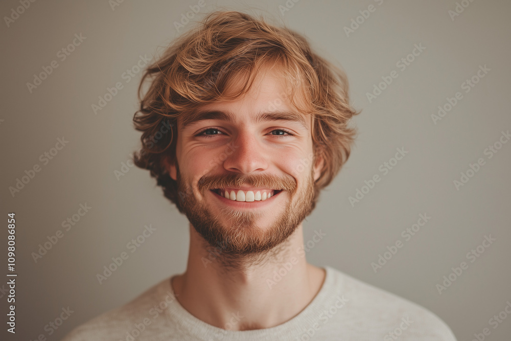 Fototapeta premium Young Male Smiling Brightly in Front of a Solid Background