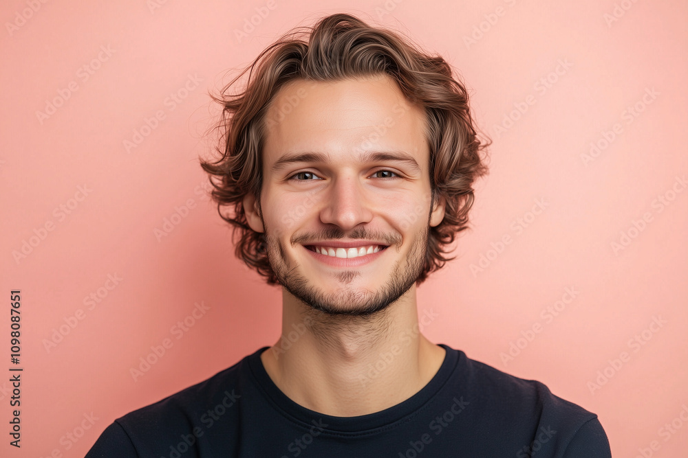 Fototapeta premium Young Male Smiling Brightly in Front of a Solid Background