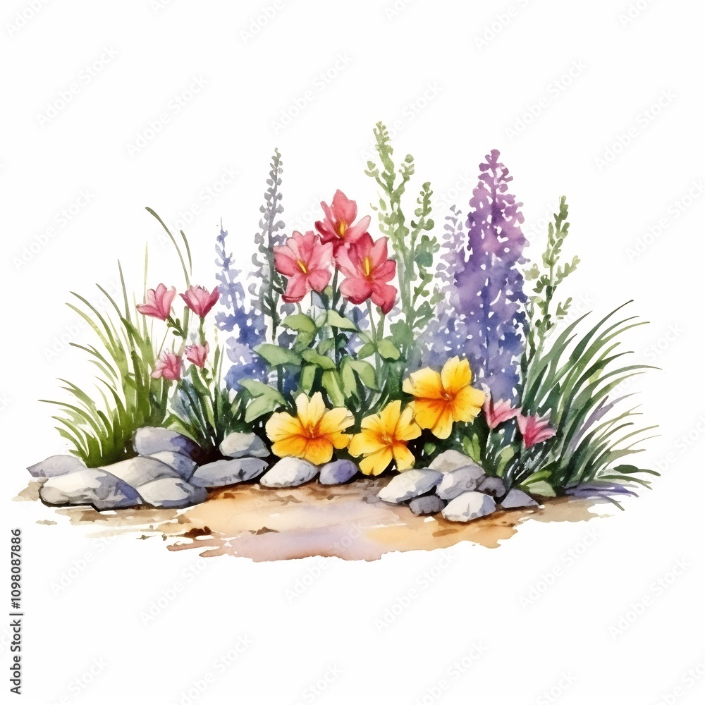 Obraz premium Vibrant Watercolor Flower Bed on White Background