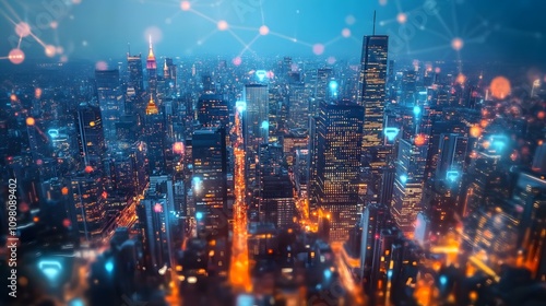 Wallpaper Mural A cityscape with a lot of lights and a lot of dots. The dots are connected to each other and to the buildings. The city is lit up at night Torontodigital.ca